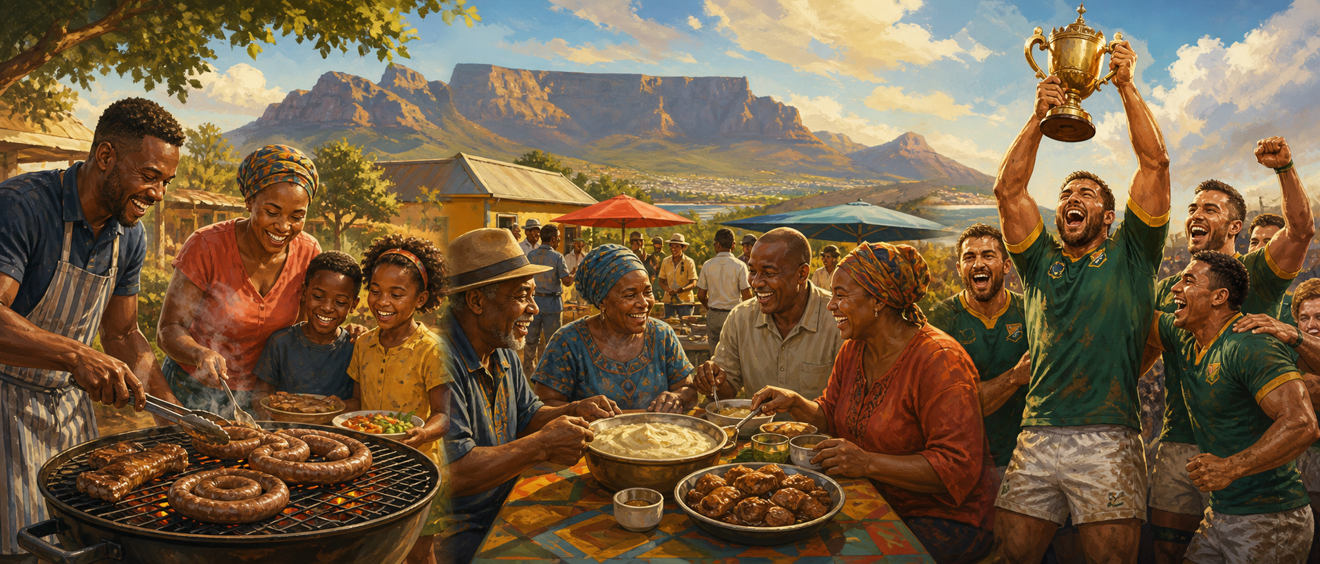 A warm South African community celebration with food and rugby pride
